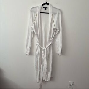 H Halston Women’s White Belted Open Front Cardigan Sweater w/ Gold Zippers in M